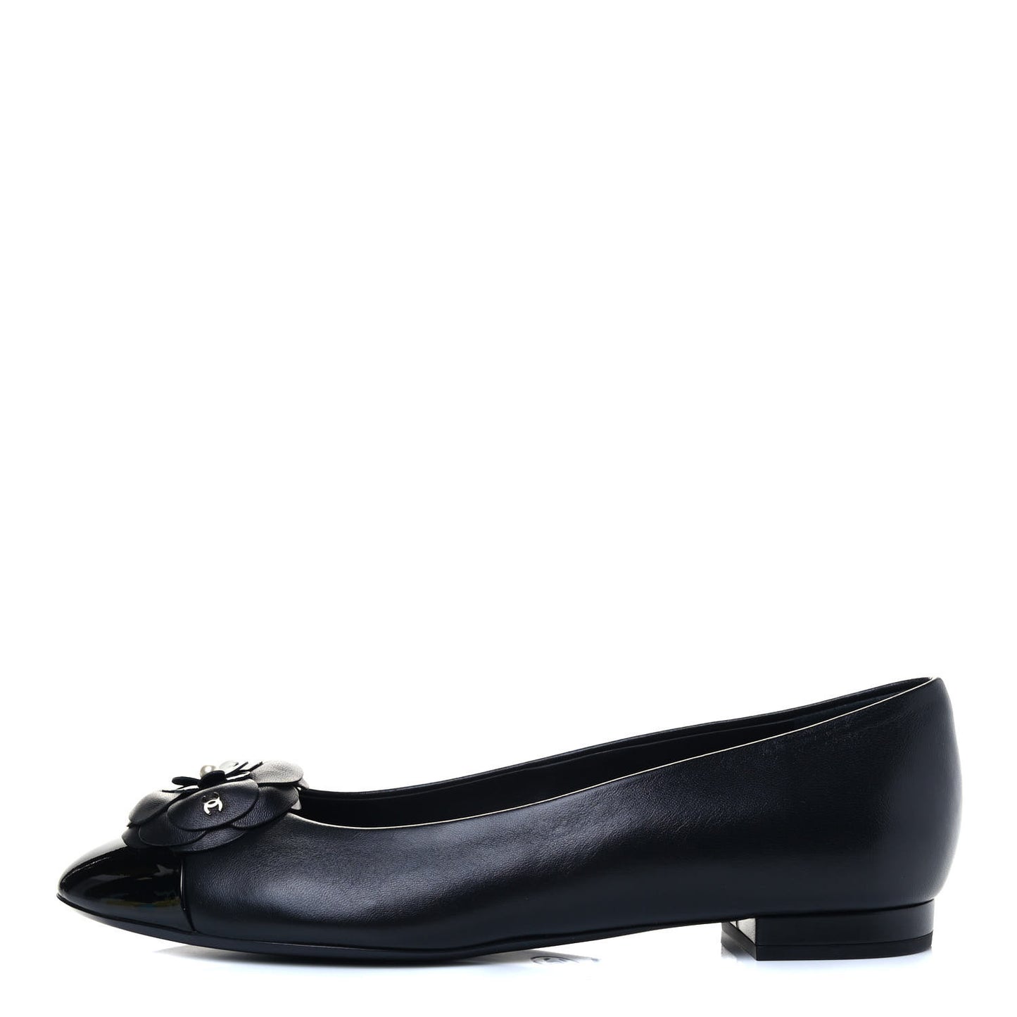 Lambskin Patent Cap Toe Camellia Ballerina Flats 38.5 Black