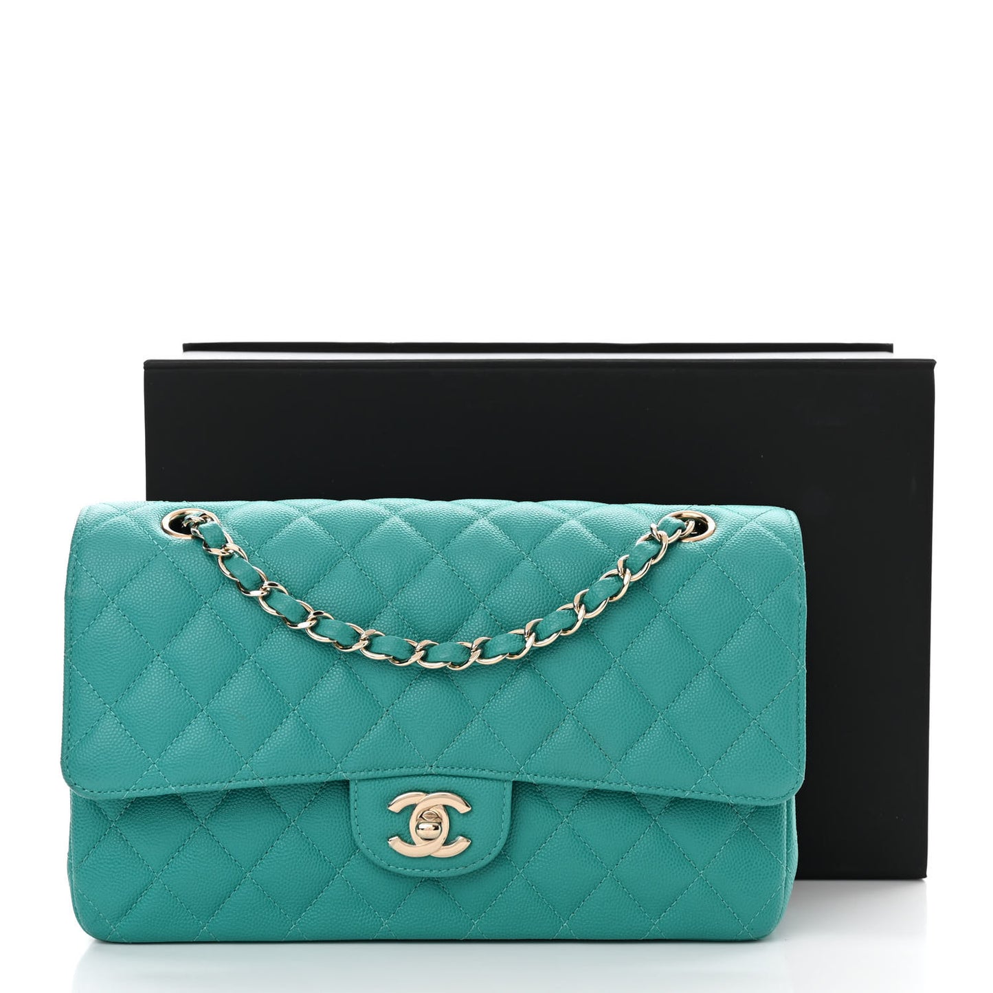 Caviar Quilted Medium Double Flap Turquoise