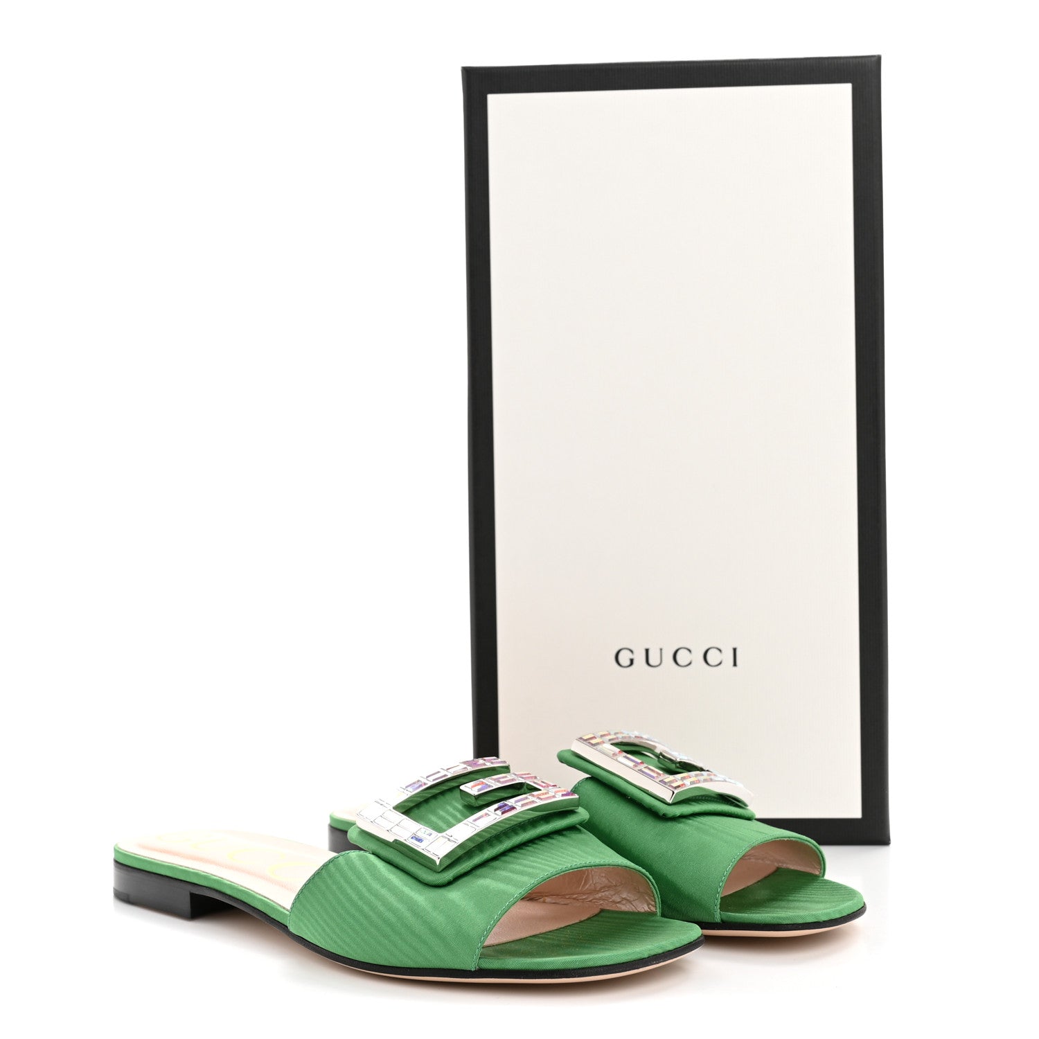 Gucci Moire Fabric Crystal Square G Madelyn Slide Sandals 37 New