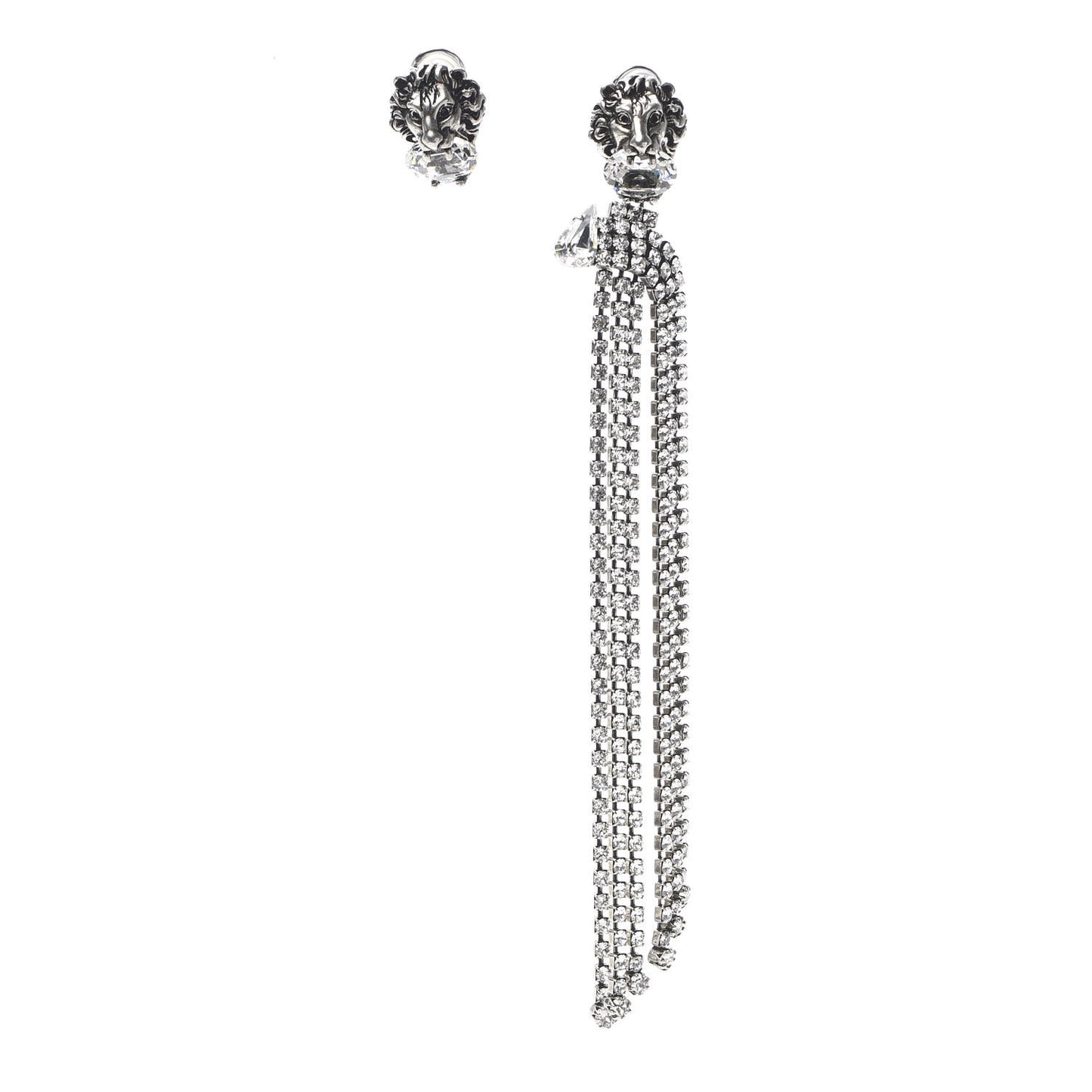 Metal Crystal Asymmetrical Lion Head Clip On Earrings Silver