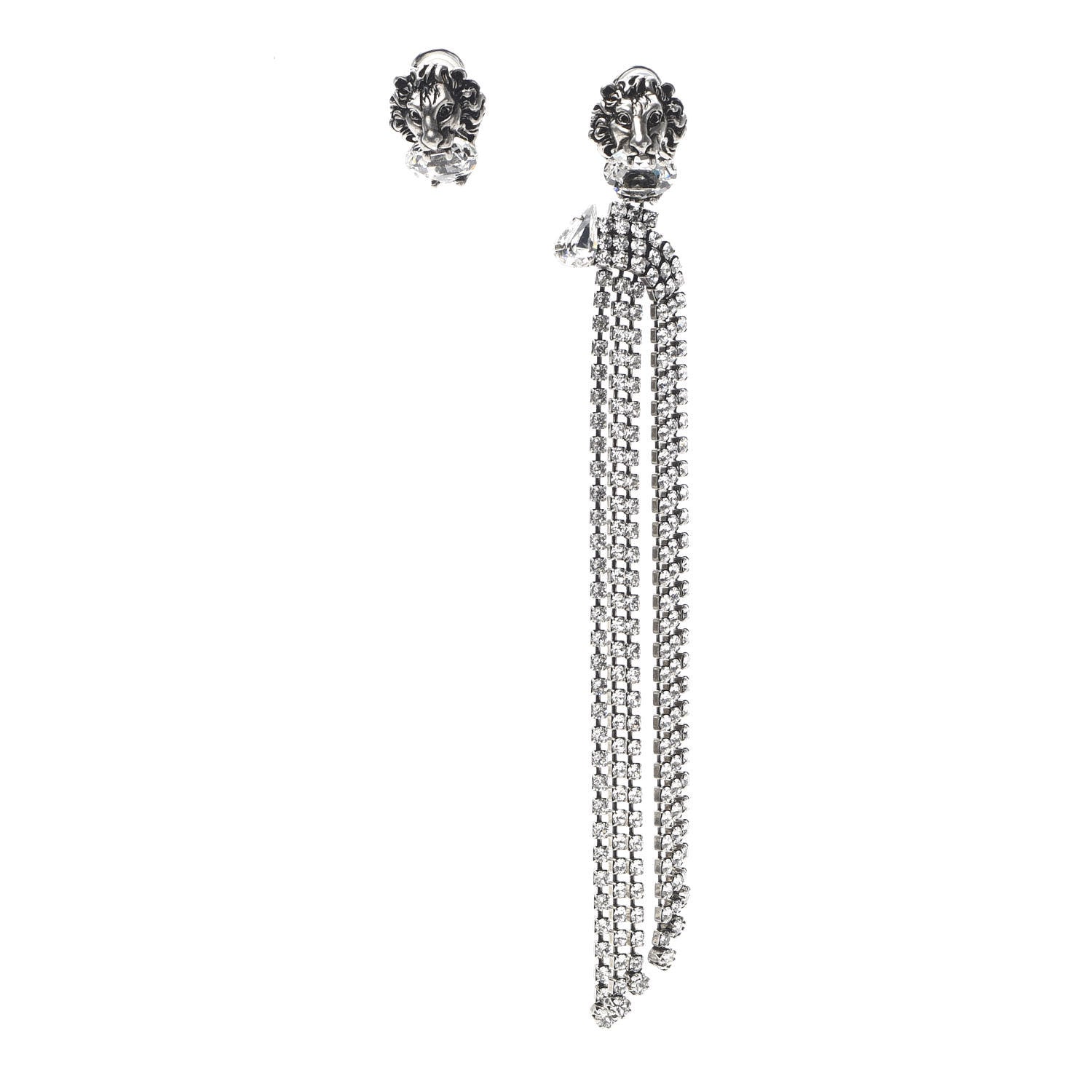 Gucci Metal Crystal Asymmetrical Lion Head Clip On Earrings Silver 1 of 4