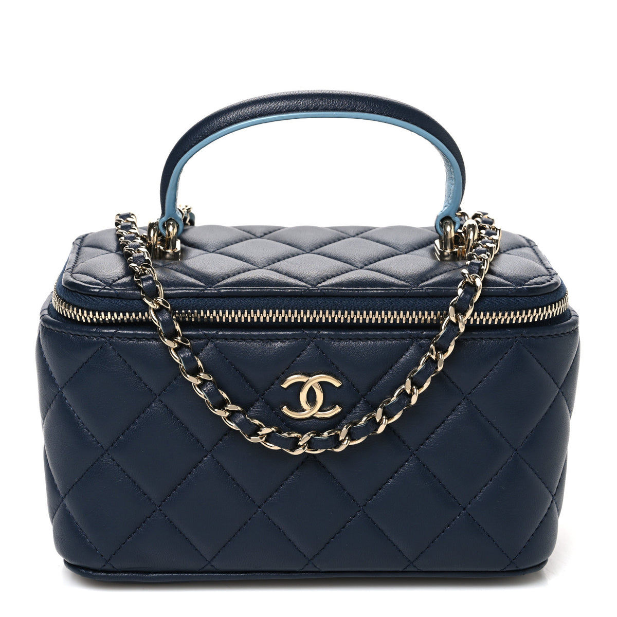 Lambskin Quilted Small Top Handle Vanity Case With Chain Dark Blue Light Blue