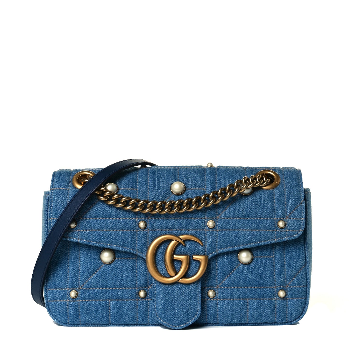 Denim Matelasse Pearl Studded Small GG Marmont Shoulder Bag Blue