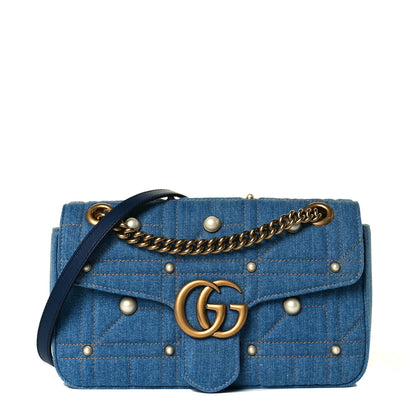 Gucci Denim Matelasse Pearl Studded Small GG Marmont Shoulder Bag Blue 1 of 7