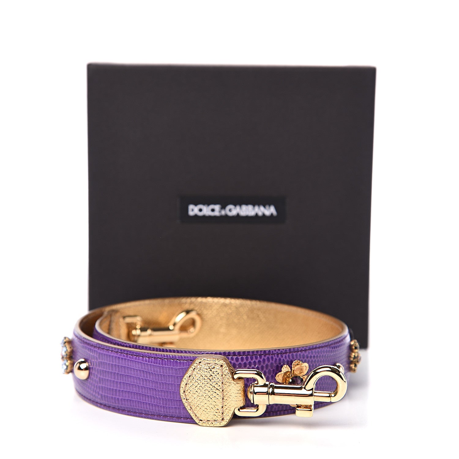 Dolce & Gabbana Lizard Embossed Metallic Crystal Strap Purple Gold 5 of 5