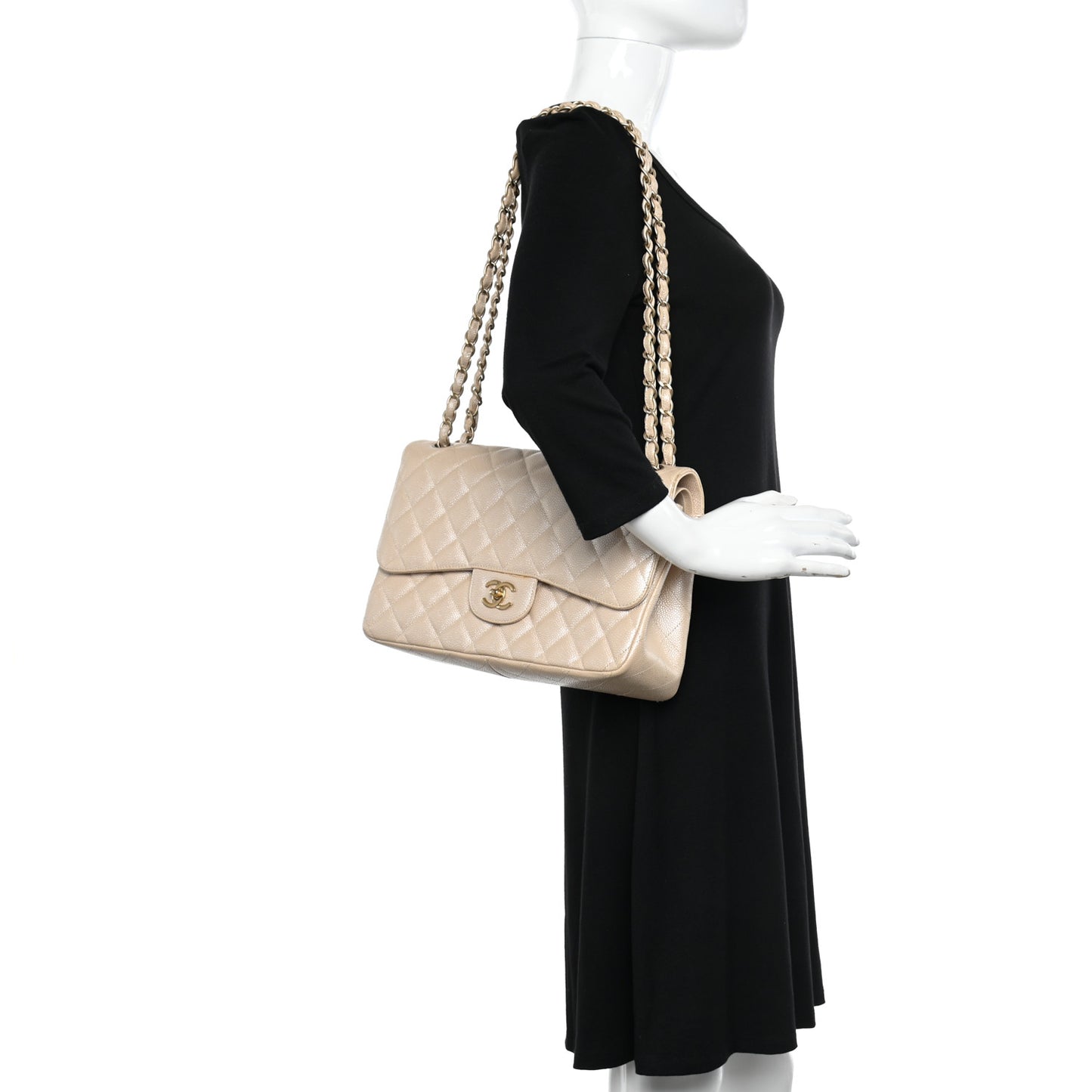 Iridescent Caviar Quilted Jumbo Double Flap Beige