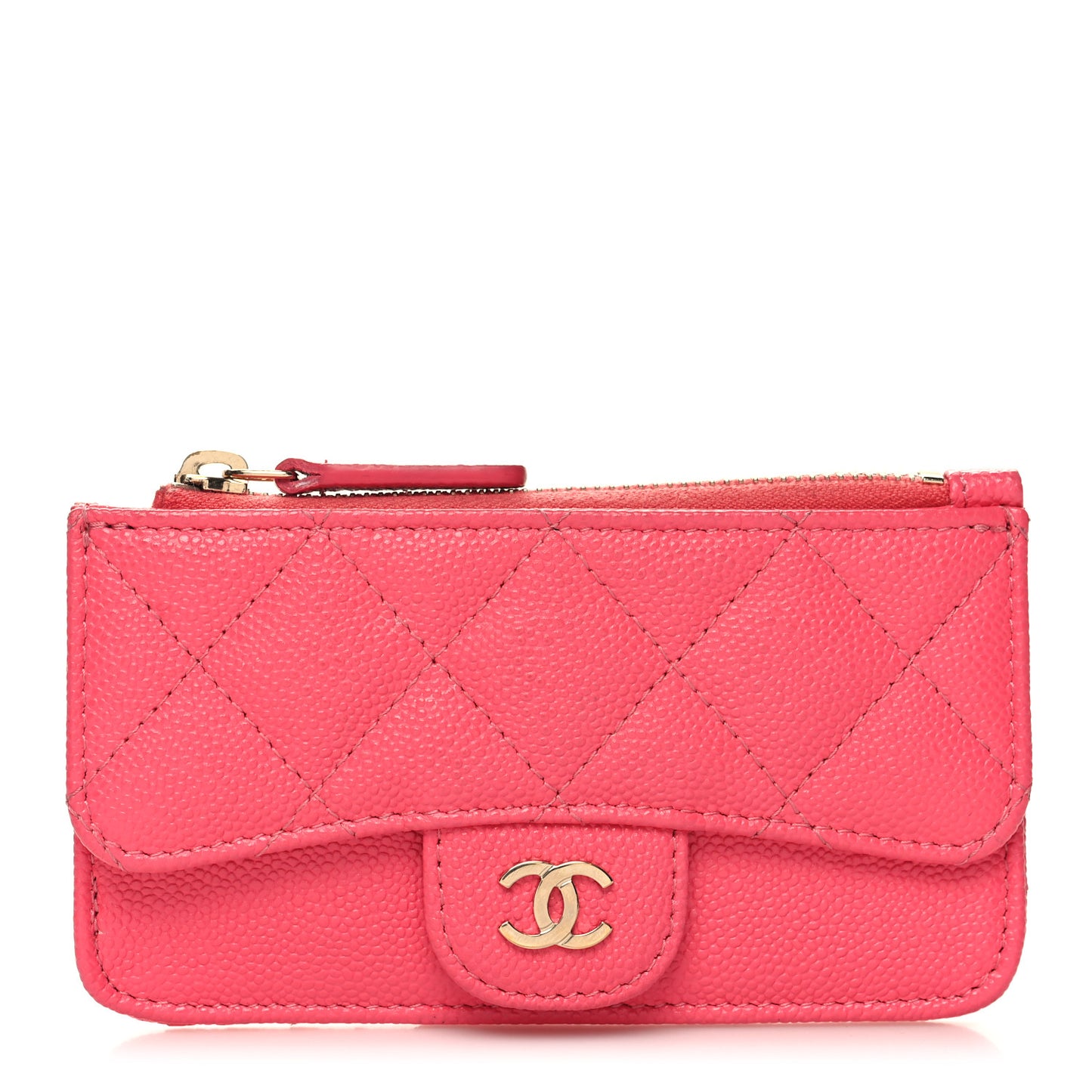 Caviar Quilted Flap Zip Card Holder Dark Pink