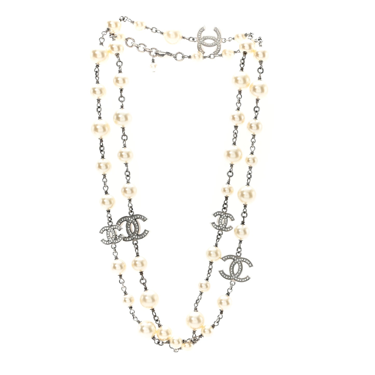 Crystal Pearl CC Long Necklace Silver