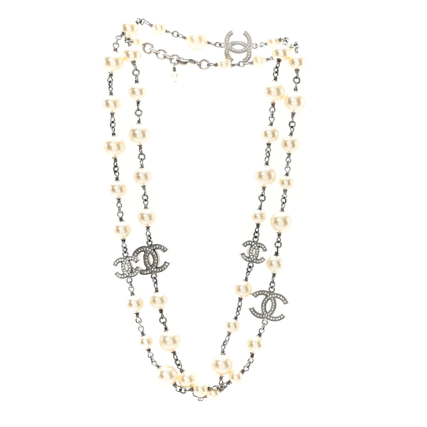 Chanel Crystal Pearl CC Long Necklace Silver 3 of 5
