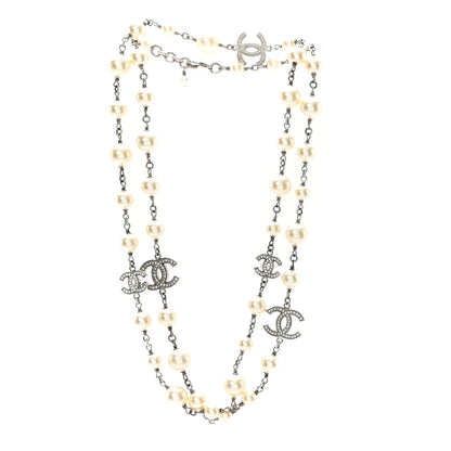 Chanel Crystal Pearl CC Long Necklace Silver 3 of 5