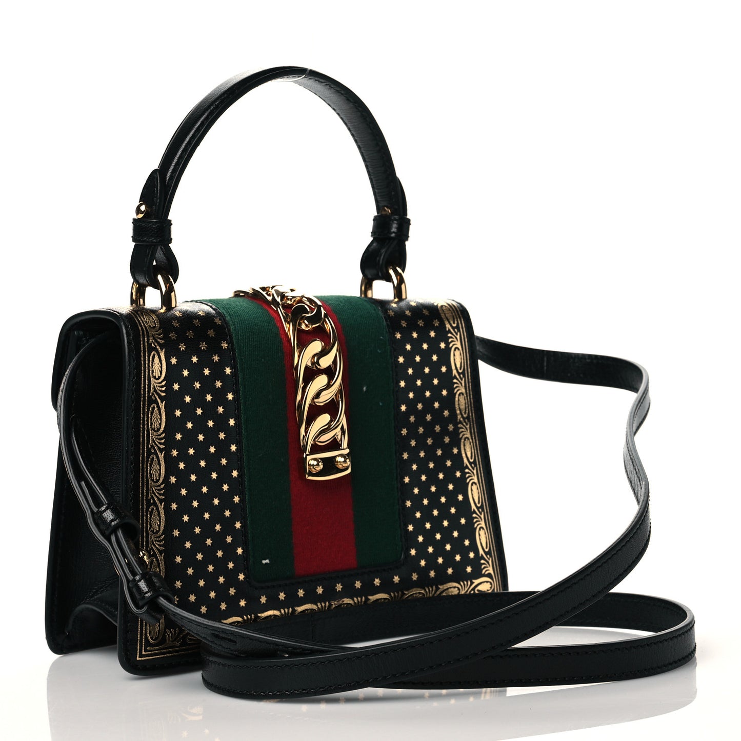 Calfskin Star Printed Mini Sylvie Top Handle Bag Gold Black