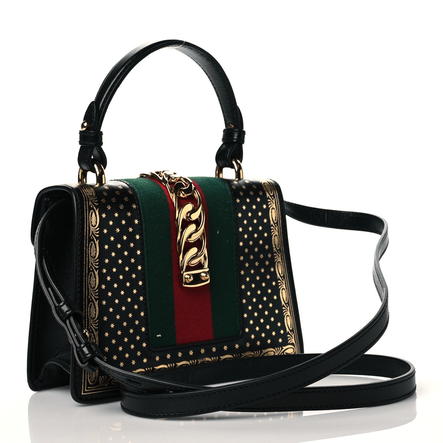 Gucci Calfskin Star Printed Mini Sylvie Top Handle Bag Gold Black 3 of 11