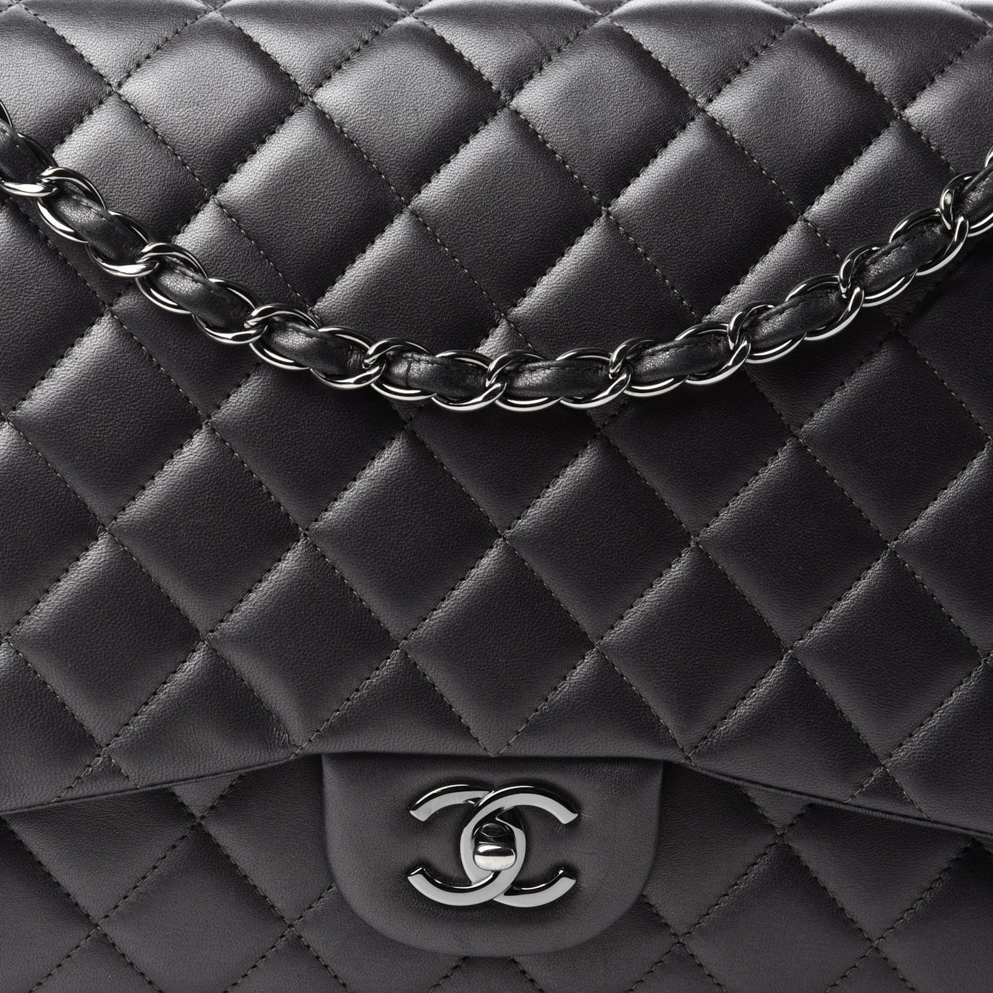 Metallic Lambskin Quilted Maxi Single Flap Dark Grey