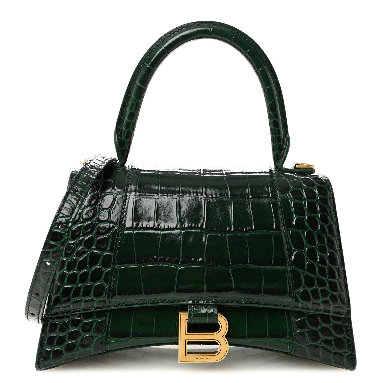 Balenciaga Shiny Calfskin Crocodile Embossed Small Hourglass Top Handle Bag Forest Green 1 of 9
