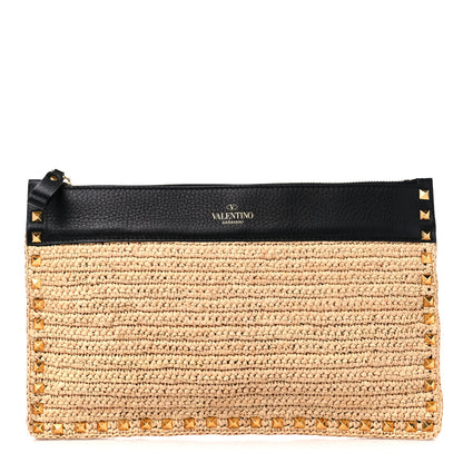 Valentino Garavani Raffia Calfskin Small Rockstud Zip Pouch Naturale Black 1 of 9