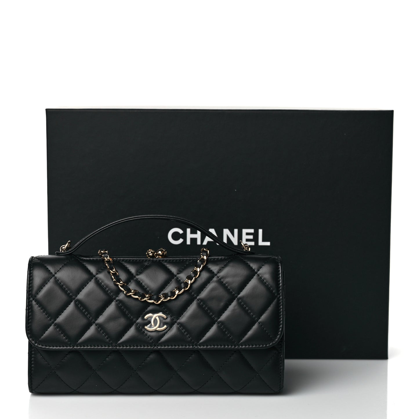 Shiny Calfskin Quilted Flap Phone Holder With Chain Black