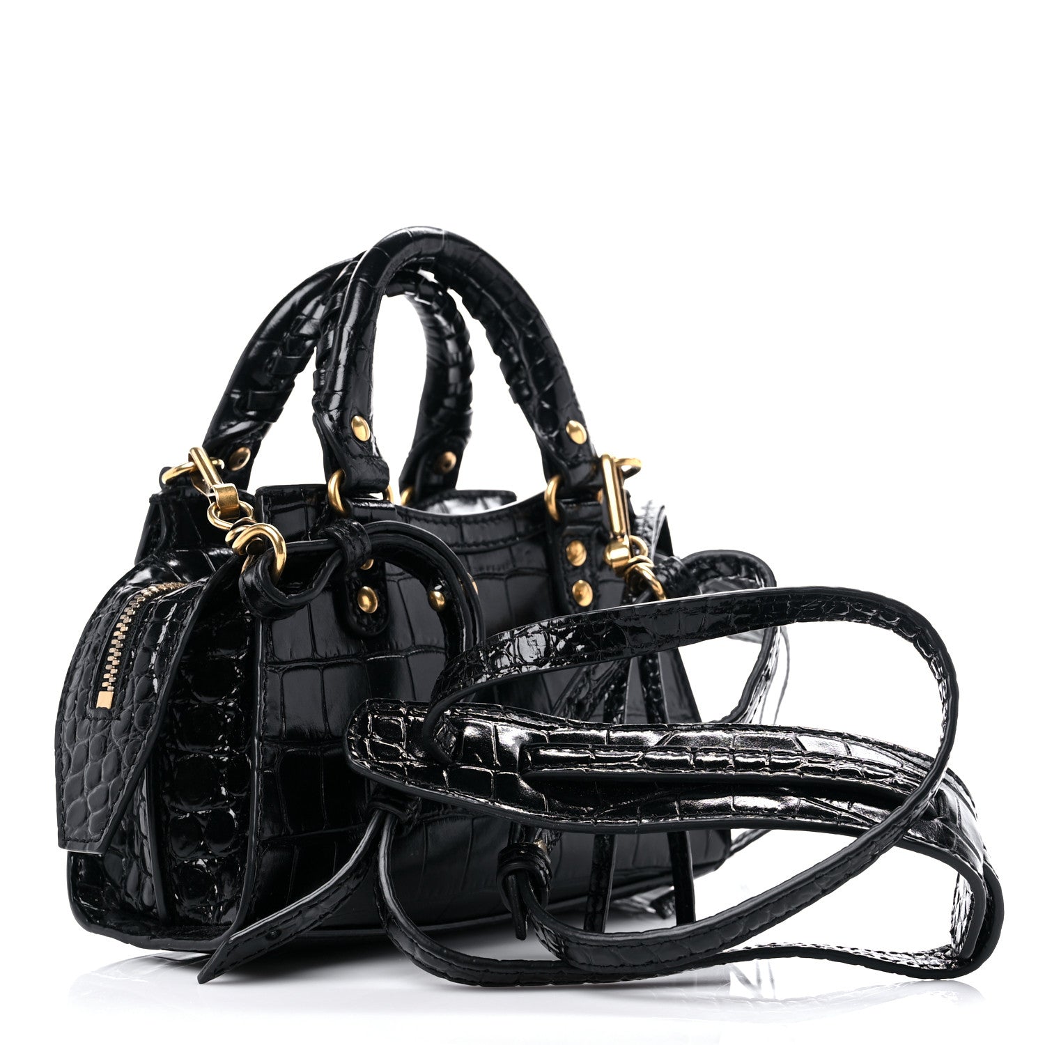 Balenciaga Shiny Supple Calfskin Crocodile Embossed Neo Classic Gold Hardware Nano City Crossbody Black 3 of 10