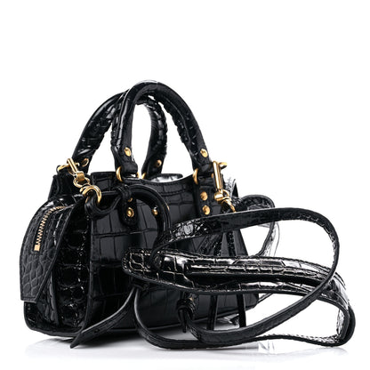 Balenciaga Shiny Supple Calfskin Crocodile Embossed Neo Classic Gold Hardware Nano City Crossbody Black 3 of 10