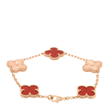 Van Cleef & Arpels 18K Rose Gold Carnelian 5 Motifs Guilloche Vintage Alhambra Bracelet 2 of 4