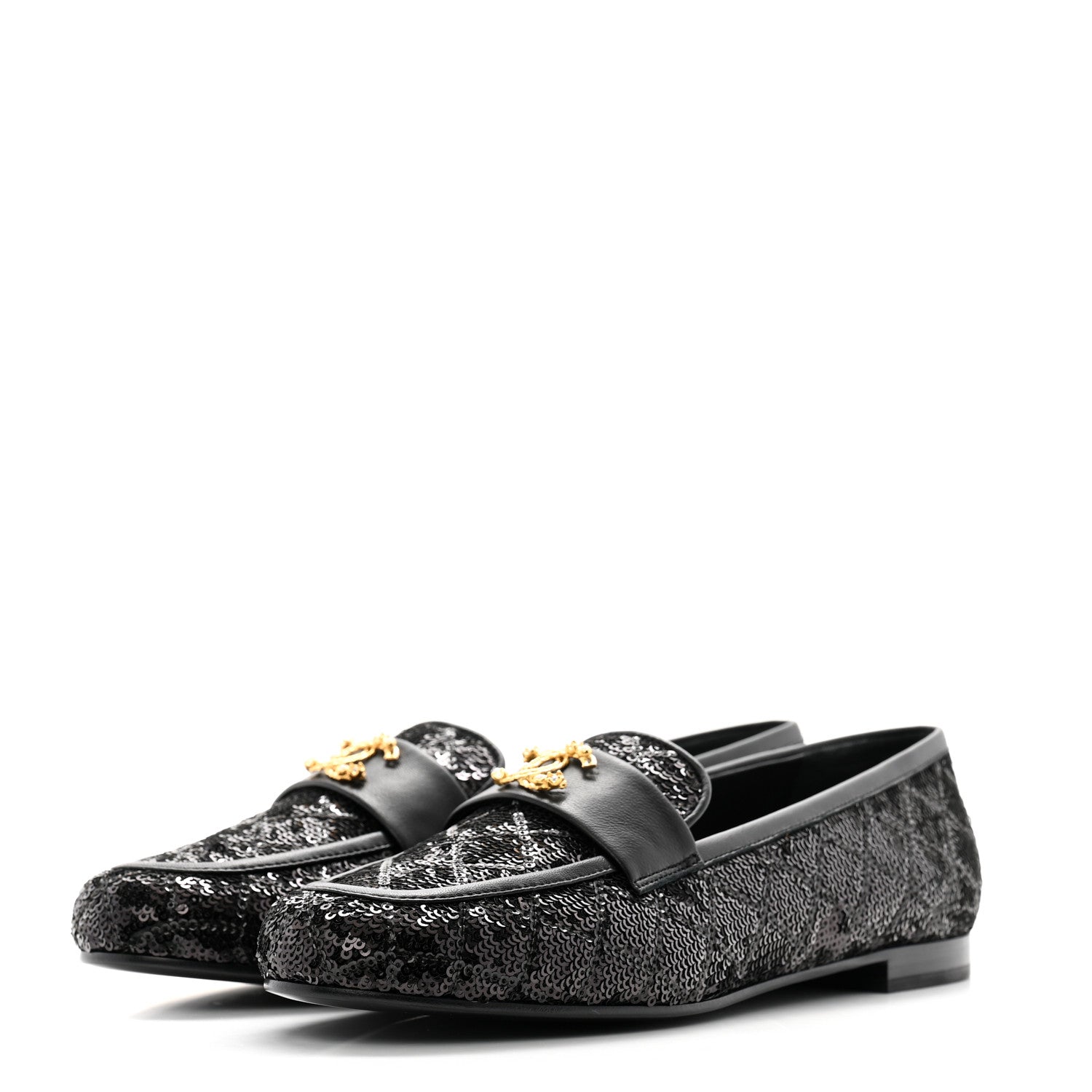 Chanel Sequin Lambskin Quilted CC Loafers 38.5 Black 3 of 9