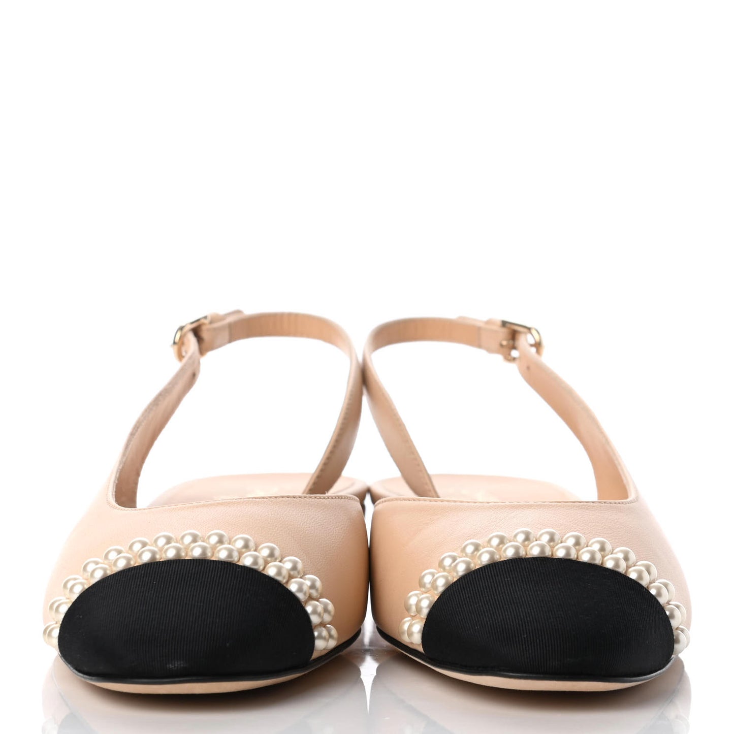 Lambskin Grosgrain Pearl Cap Toe CC Slingback Flats 37.5 Beige Black
