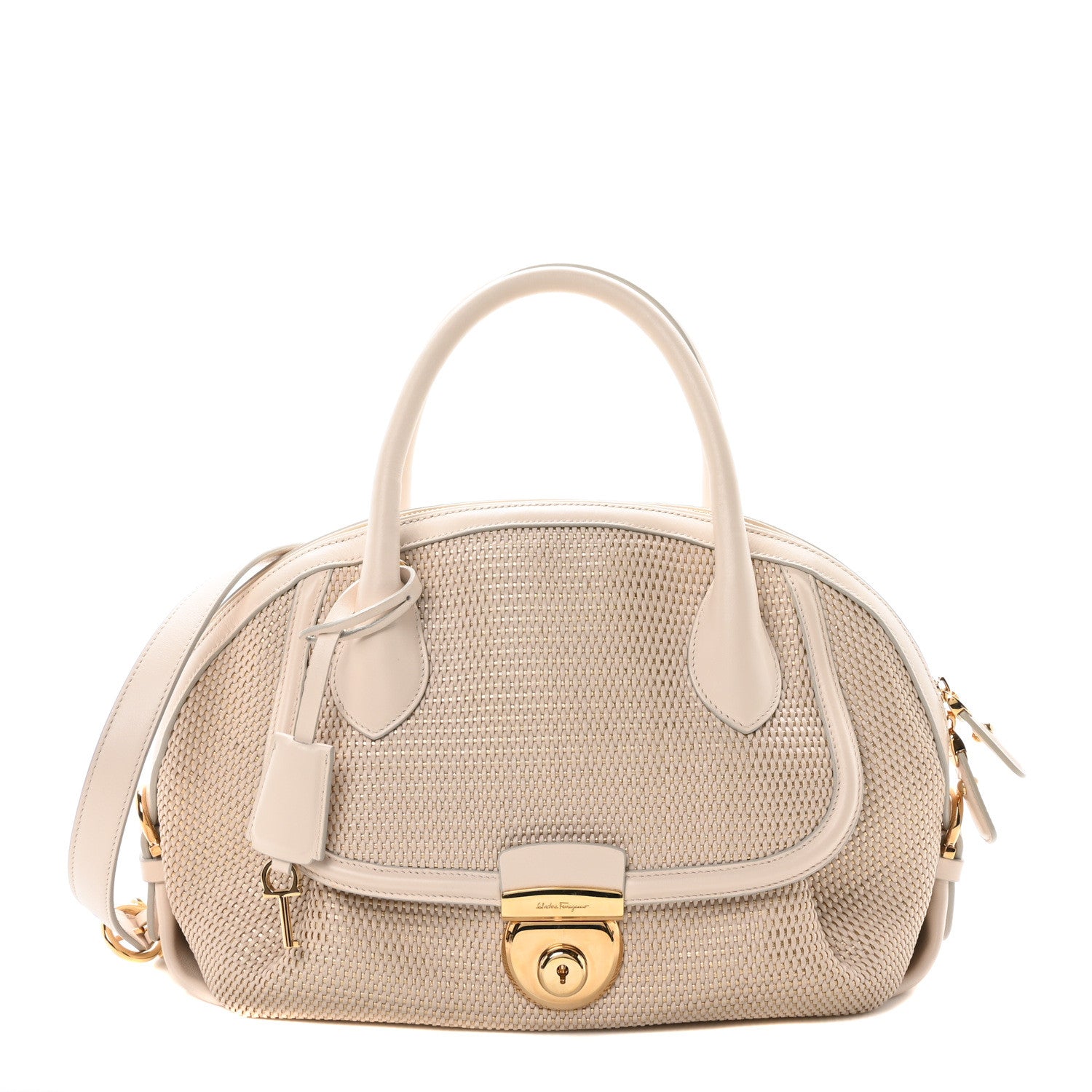 Salvatore Ferragamo Lambskin Calfskin Woven Fiamma Bag Seta Oro 1 of 10