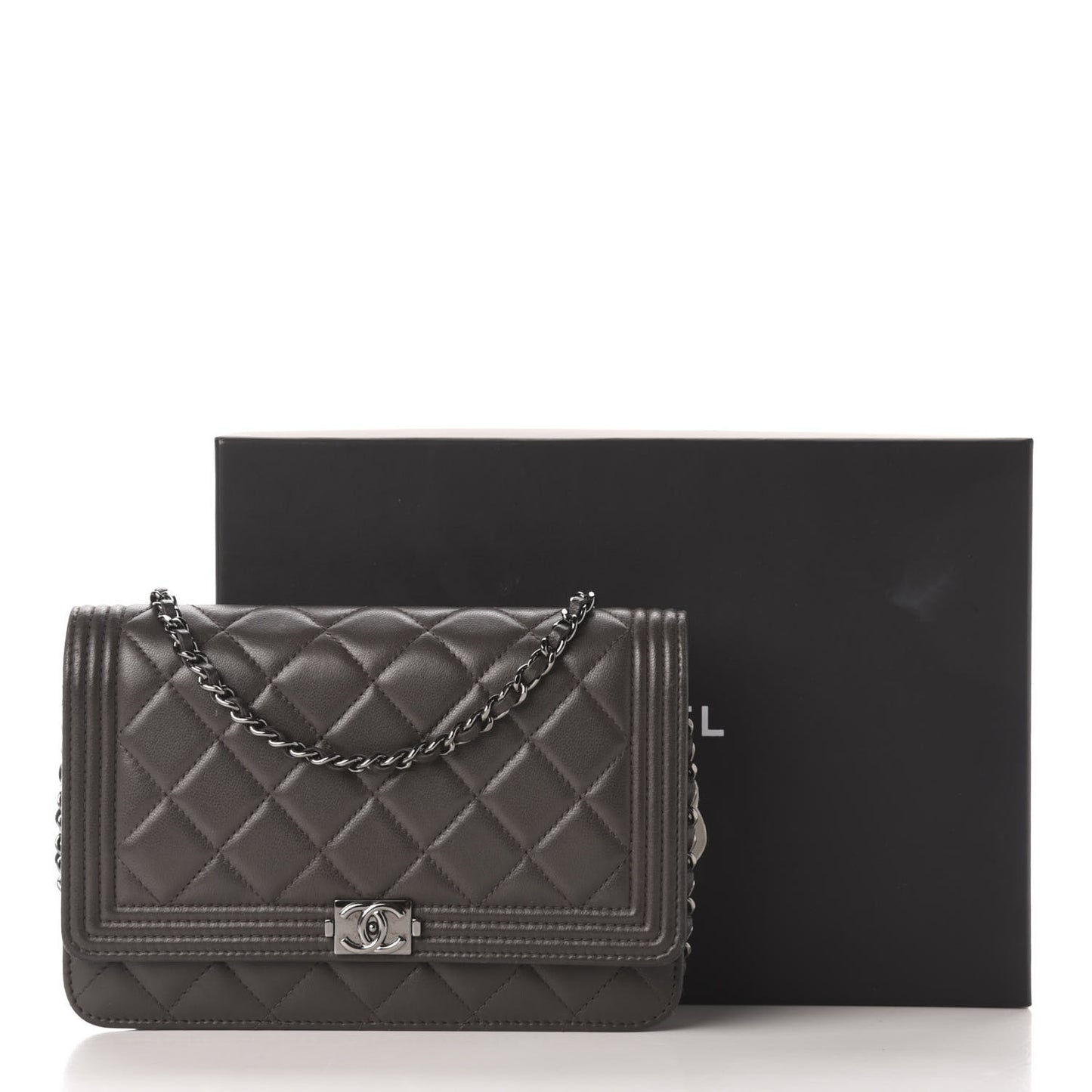 Lambskin Quilted Boy Wallet On Chain WOC Grey