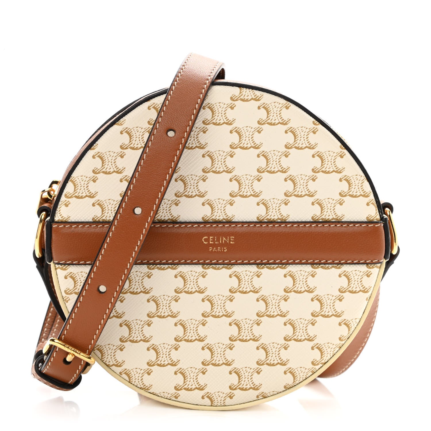 Celine Lambskin Triomphe Canvas Round Purse On Strap White Tan 1 of 8
