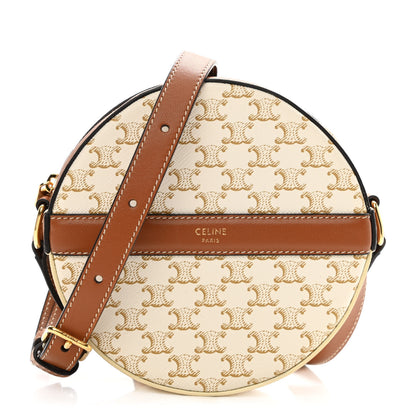 Celine Lambskin Triomphe Canvas Round Purse On Strap White Tan 1 of 8