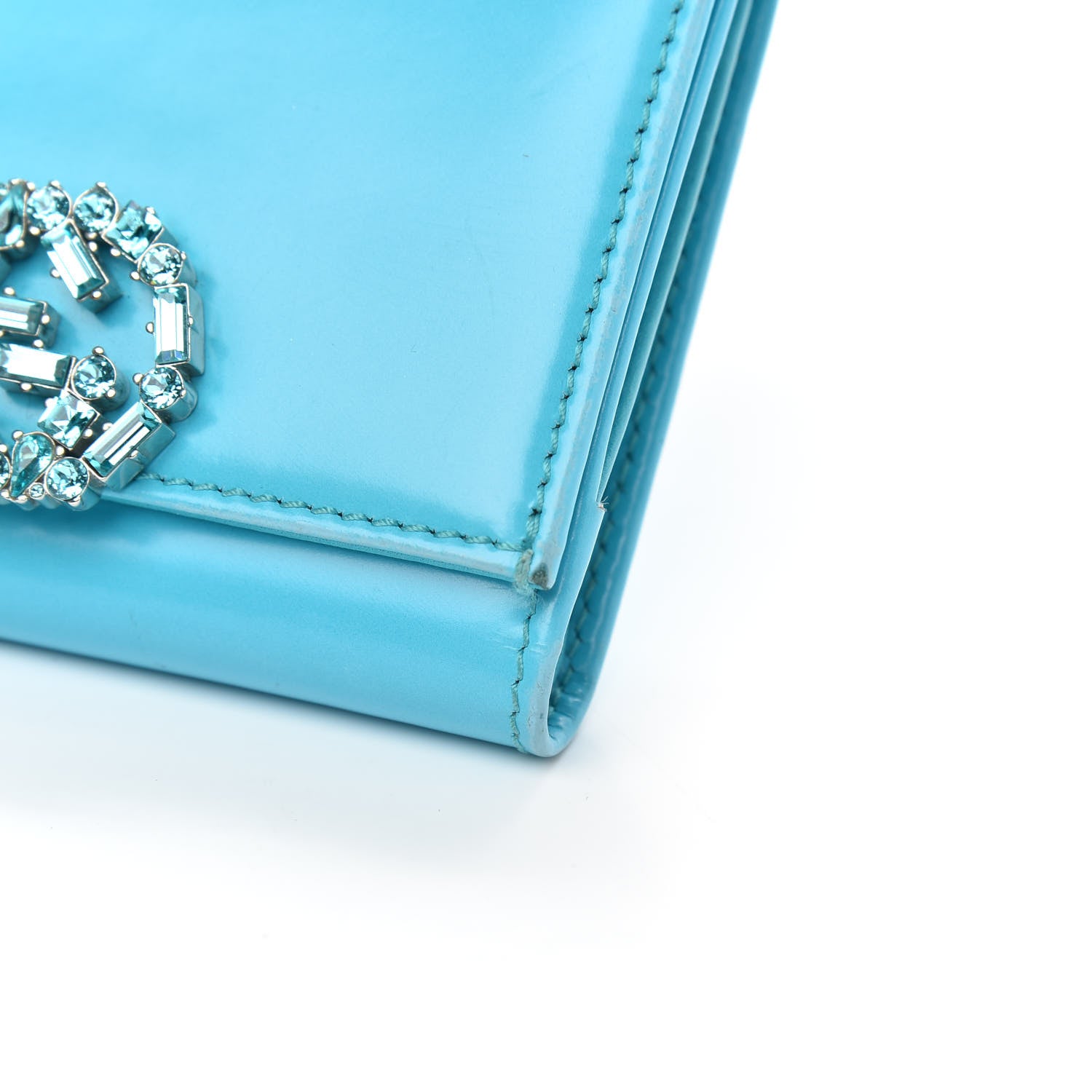 Gucci Shade Lux Calfskin Swarovski Crystal Mini GG Sparkling French Flap Wallet Turquoise 9 of 12