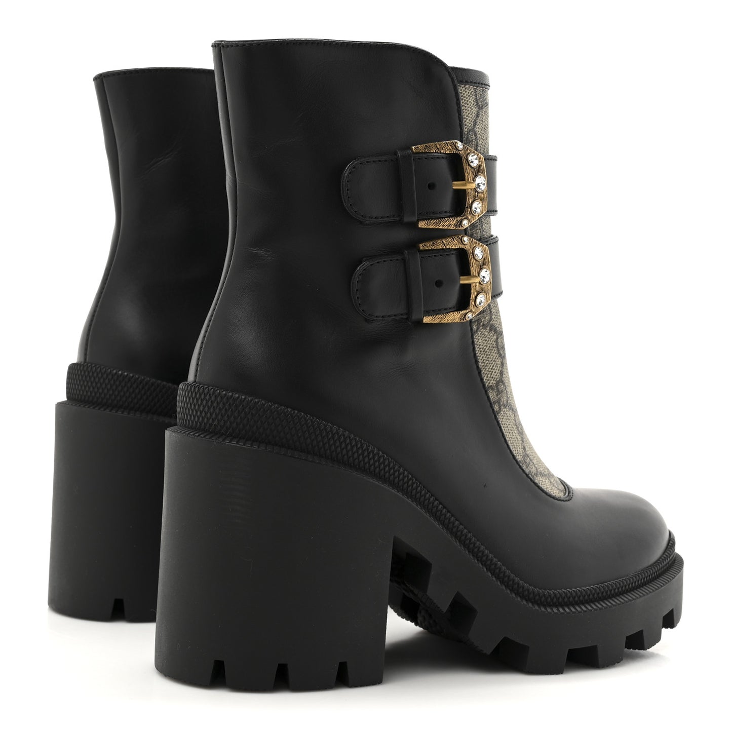 Kensington Calfskin Nappa GG Supreme Monogram Womens Double Buckle Ankle Boots 35 Black