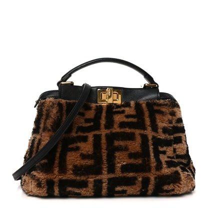 Fendi Shearling Nappa Macro FF 1974 Mini Peekaboo Iconic Satchel Tobacco Black 1 of 8