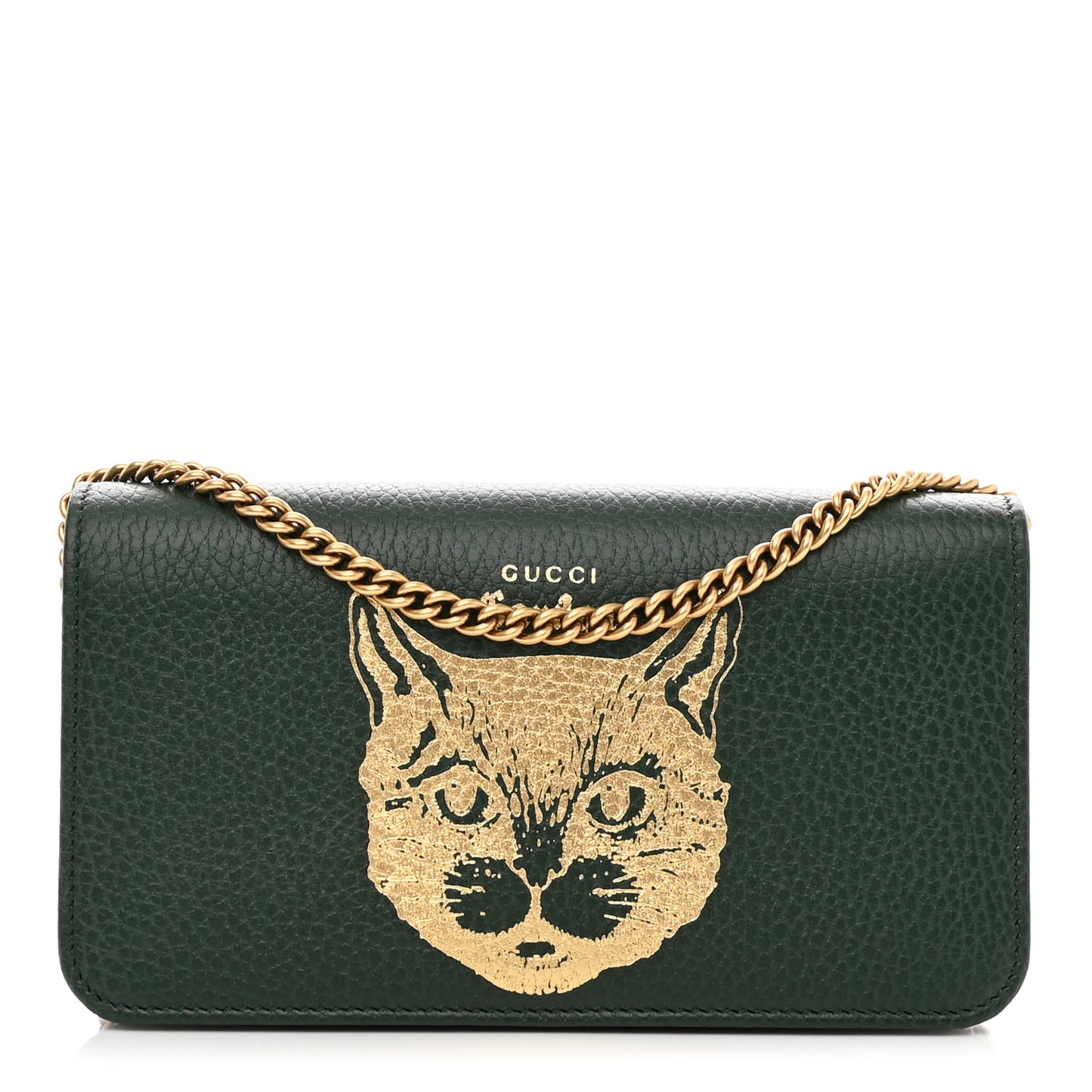 Dollar Calfskin Garden Mystic Cat Chain Wallet Green