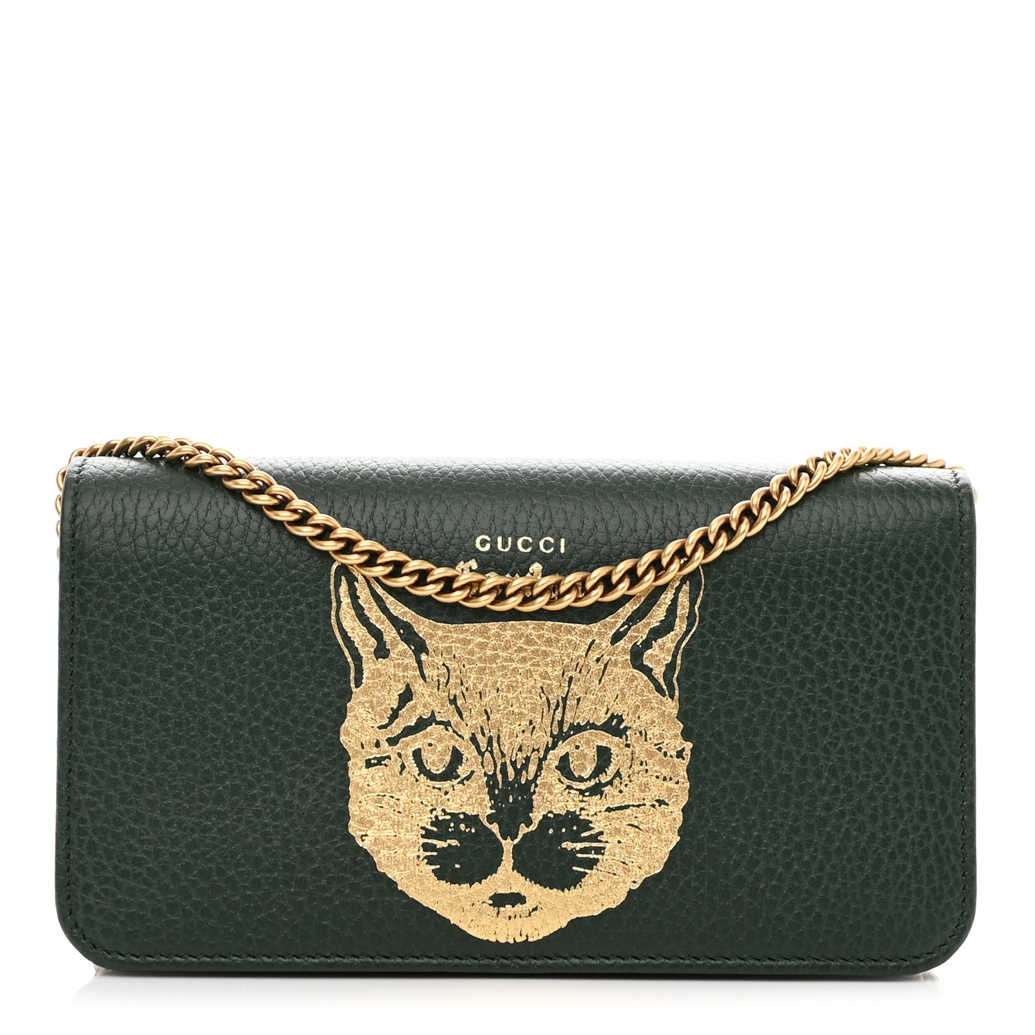 Gucci Dollar Calfskin Garden Mystic Cat Chain Wallet Green 1 of 8