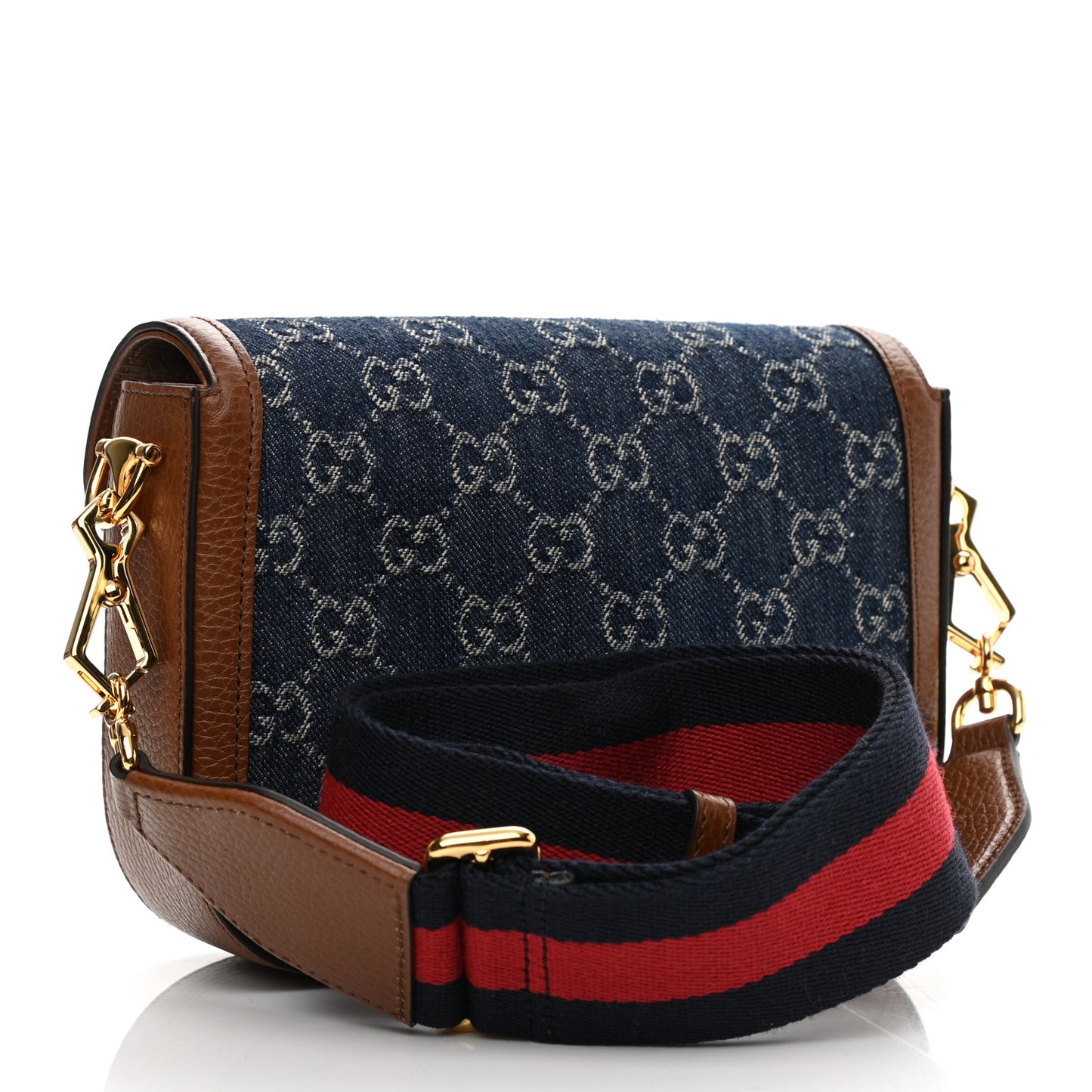 New Denim GG Monogram Dollar Calfskin Web Mini Horsebit 1955 Shoulder Bag Blue Tea Cuir Epilog