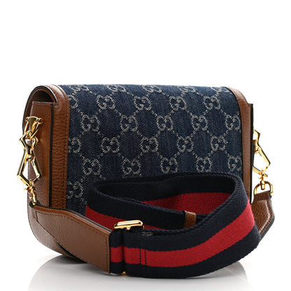 Gucci New Denim GG Monogram Dollar Calfskin Web Mini Horsebit 1955 Shoulder Bag Blue Tea Cuir Epilog 3 of 10