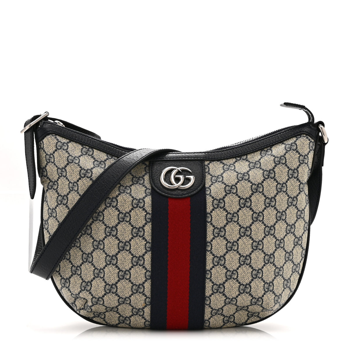 GG Supreme Monogram Textured Dollar Calfskin Web Small Ophidia Half Moon Hobo Beige Blue