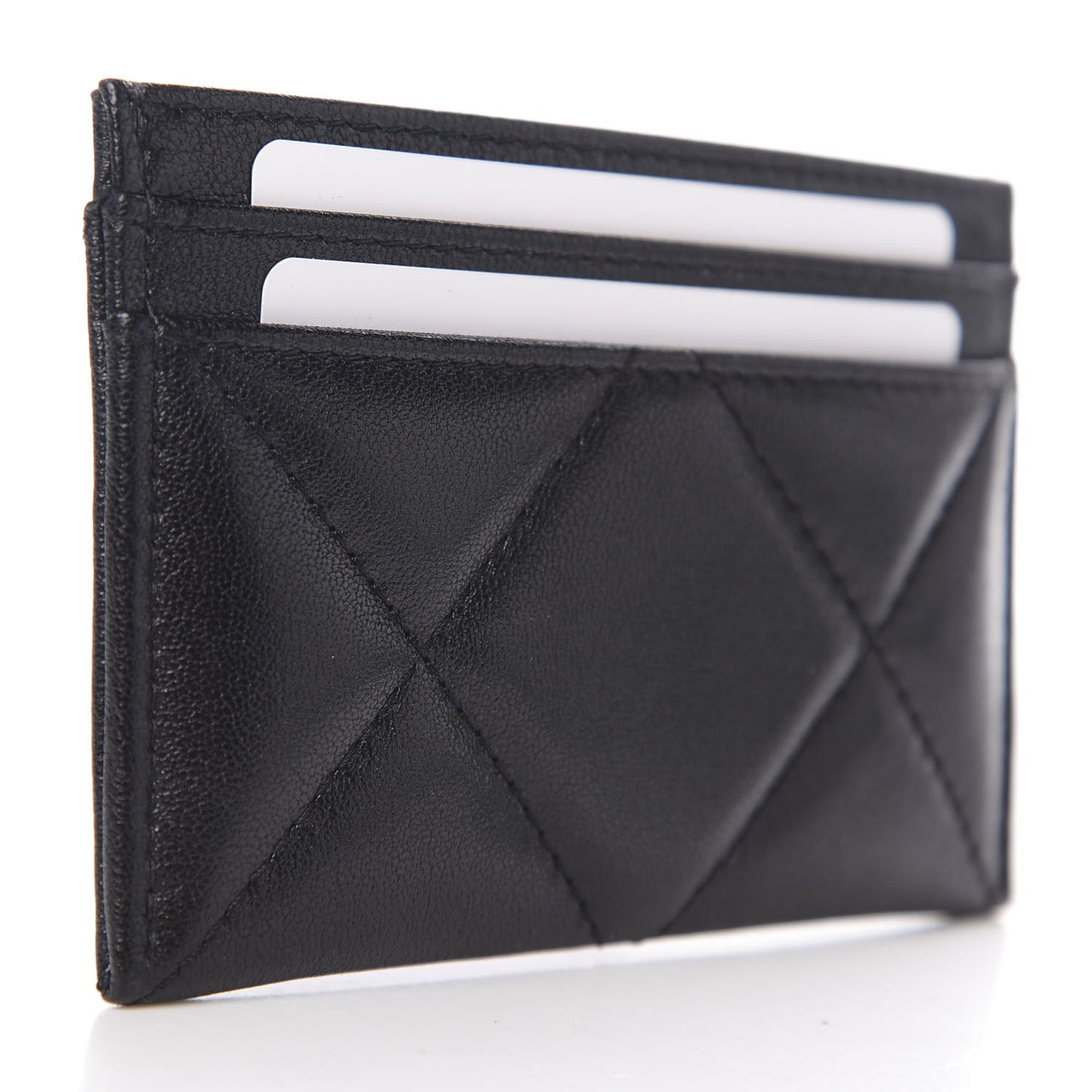 Shiny Goatskin Quilted Chanel 19 Card Holder Black