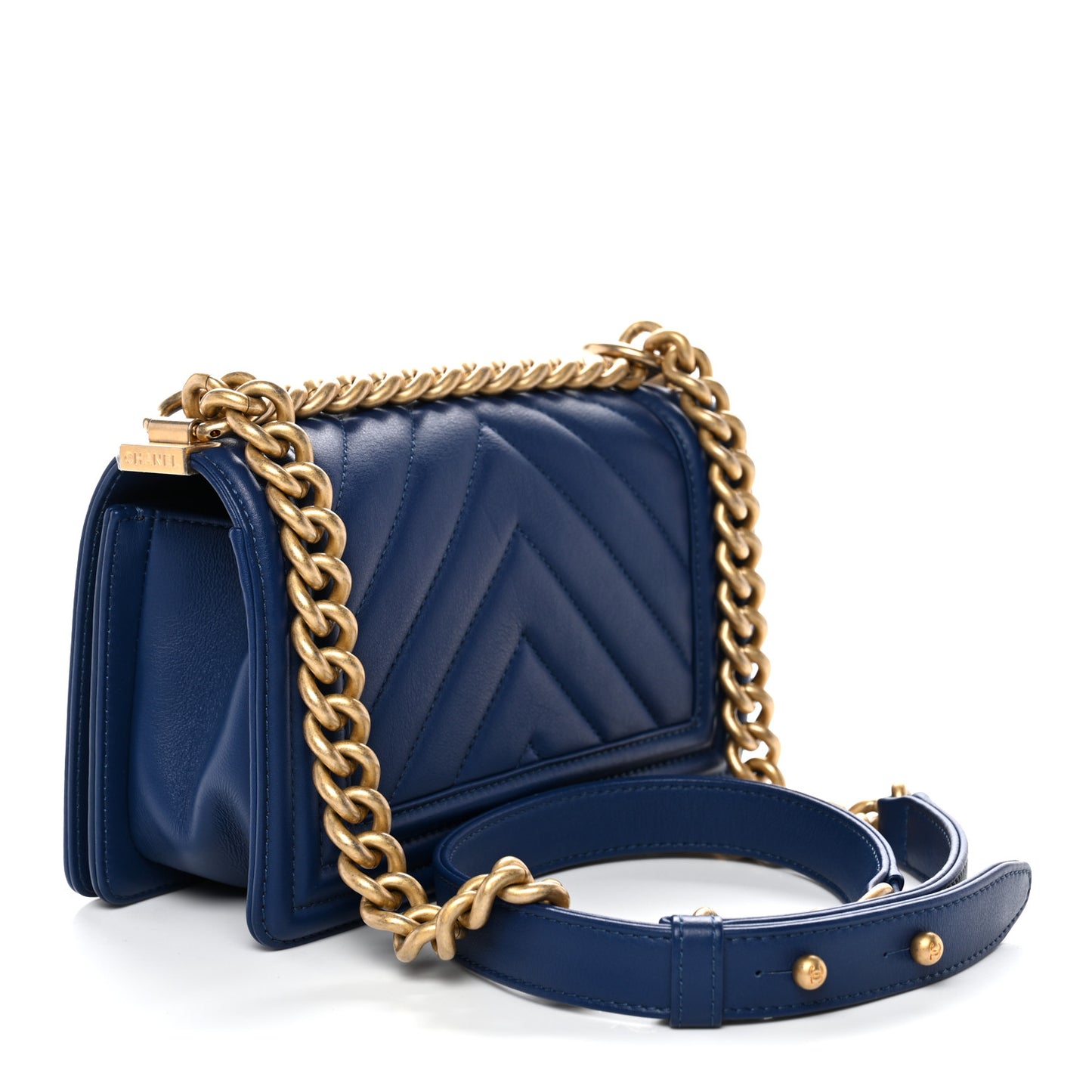 Calfskin Chevron Quilted Small Boy Flap Blue