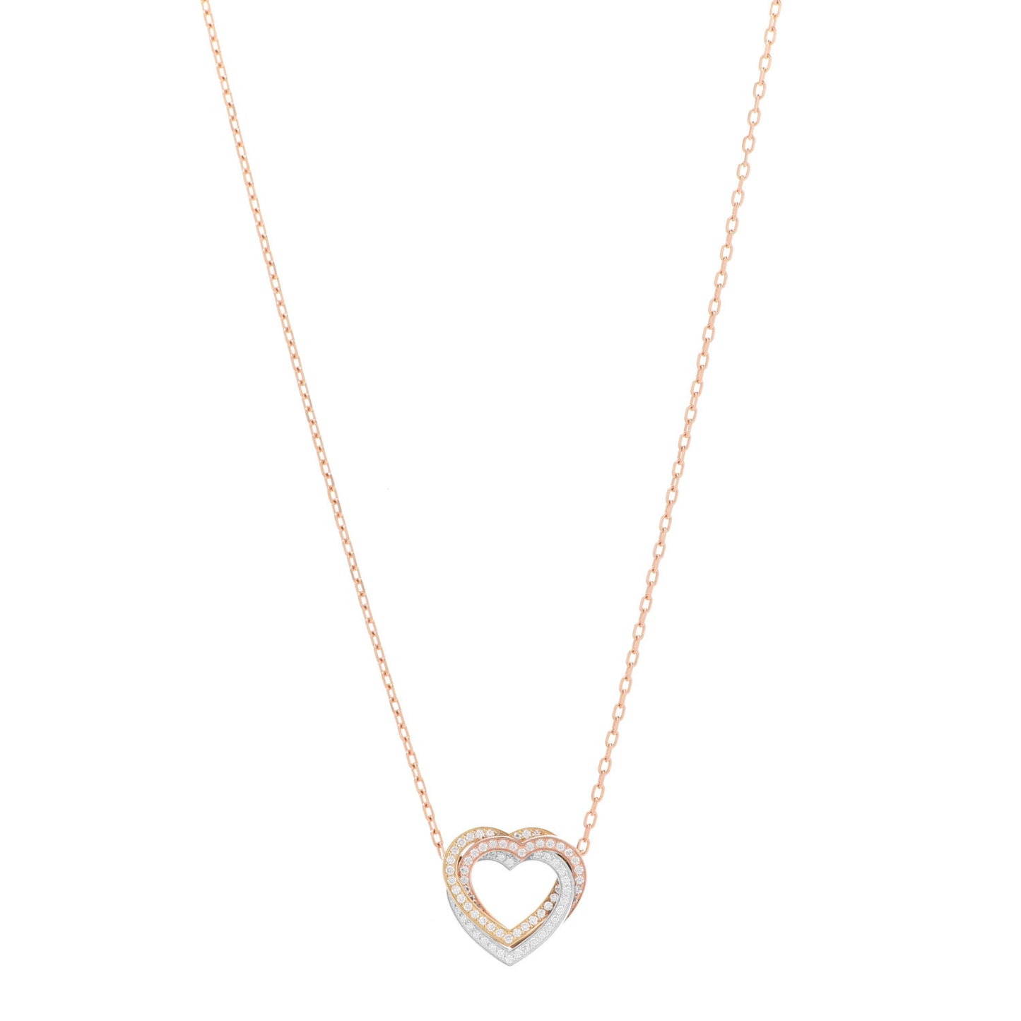 18K Pink Yellow White Gold Diamond Trinity Heart Paved Pendant Necklace