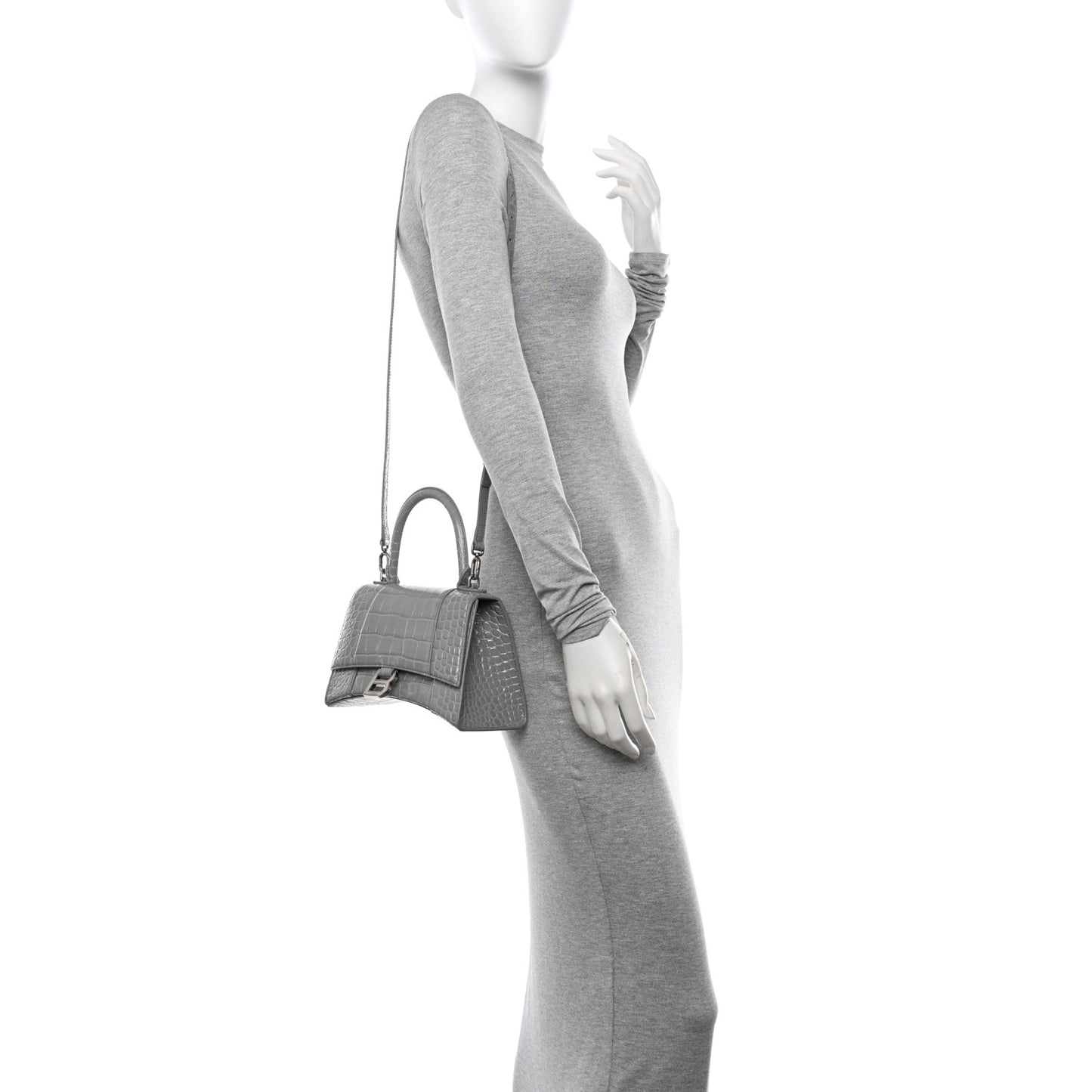 Shiny Calfskin Crocodile Embossed Small Hourglass Top Handle Bag Steel Grey