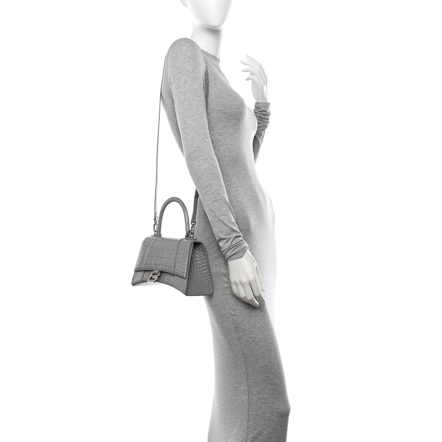 Balenciaga Shiny Calfskin Crocodile Embossed Small Hourglass Top Handle Bag Steel Grey 2 of 12