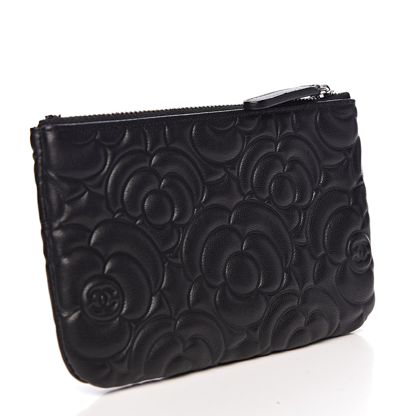 Goatskin Camellia Embossed Cosmetic Pouch Black