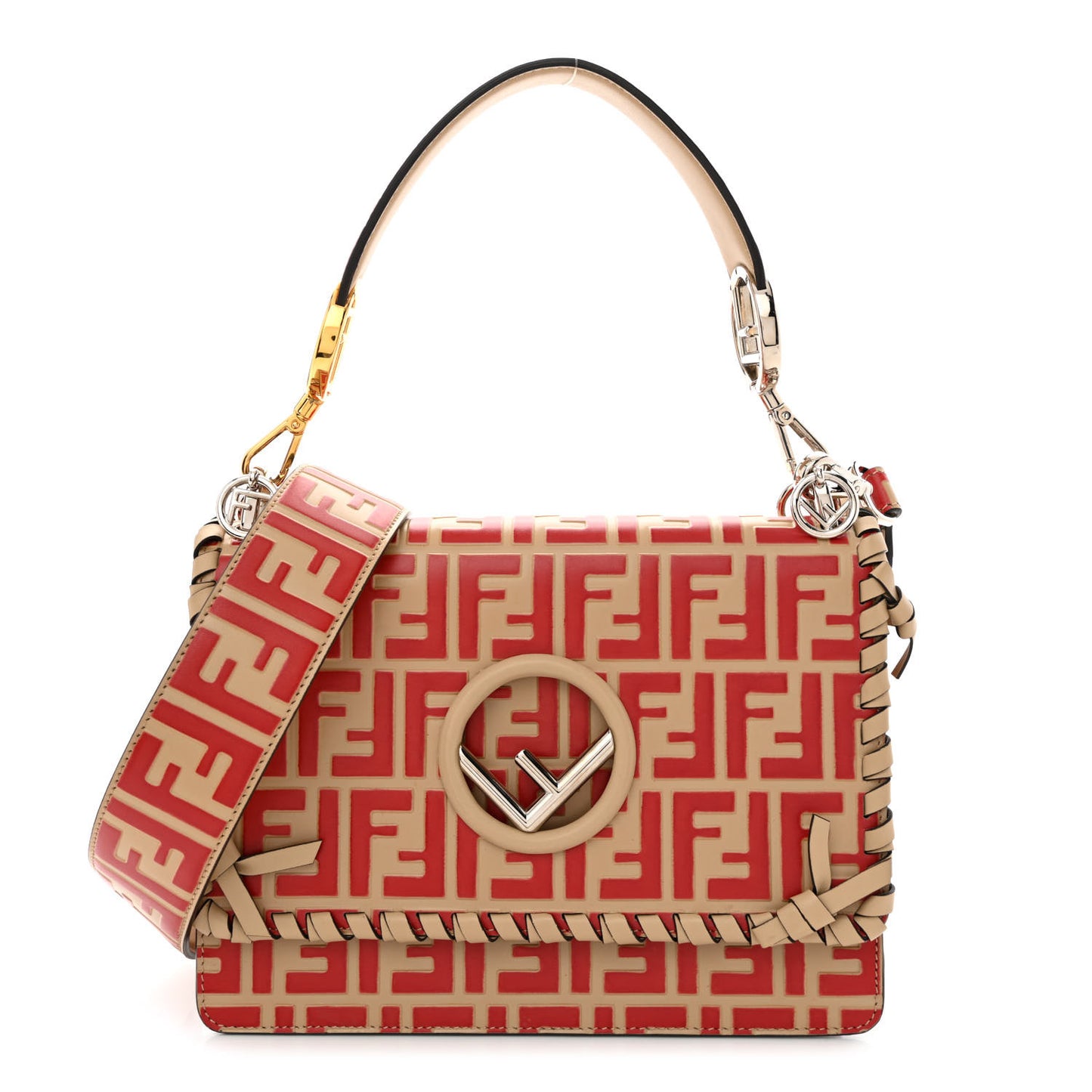 Vitello Century F is Fendi Whipstitch Threads FF Embossed Kan I Shoulder Bag Amido Fiamma