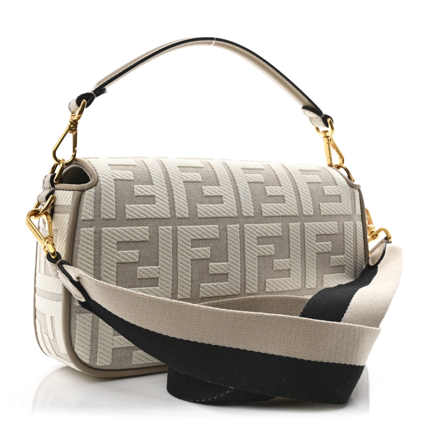 Canvas Vitello King FF Embroidered Baguette Grezzo White Nuvola