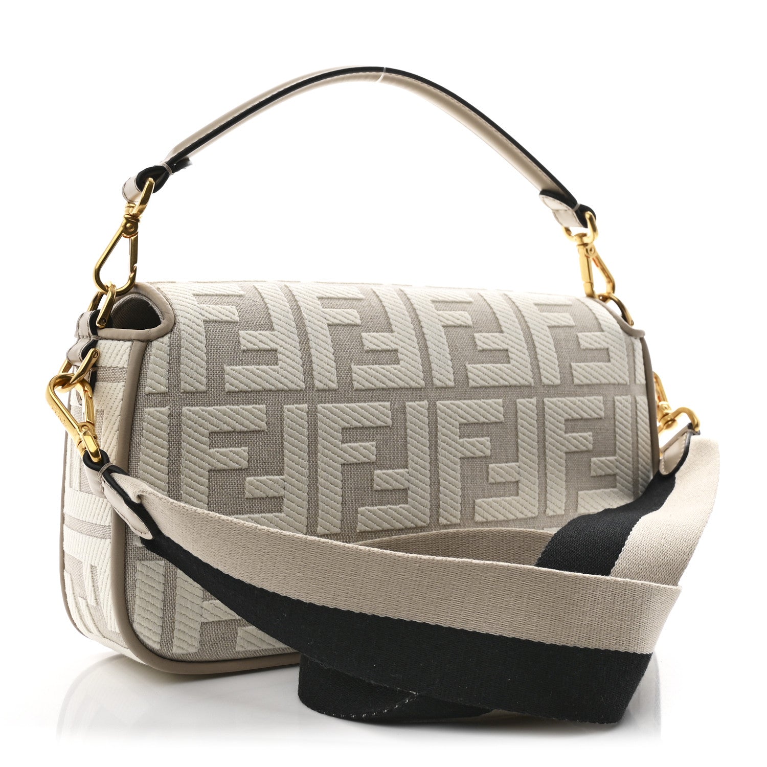 Fendi Canvas Vitello King FF Embroidered Baguette Grezzo White Nuvola 3 of 10