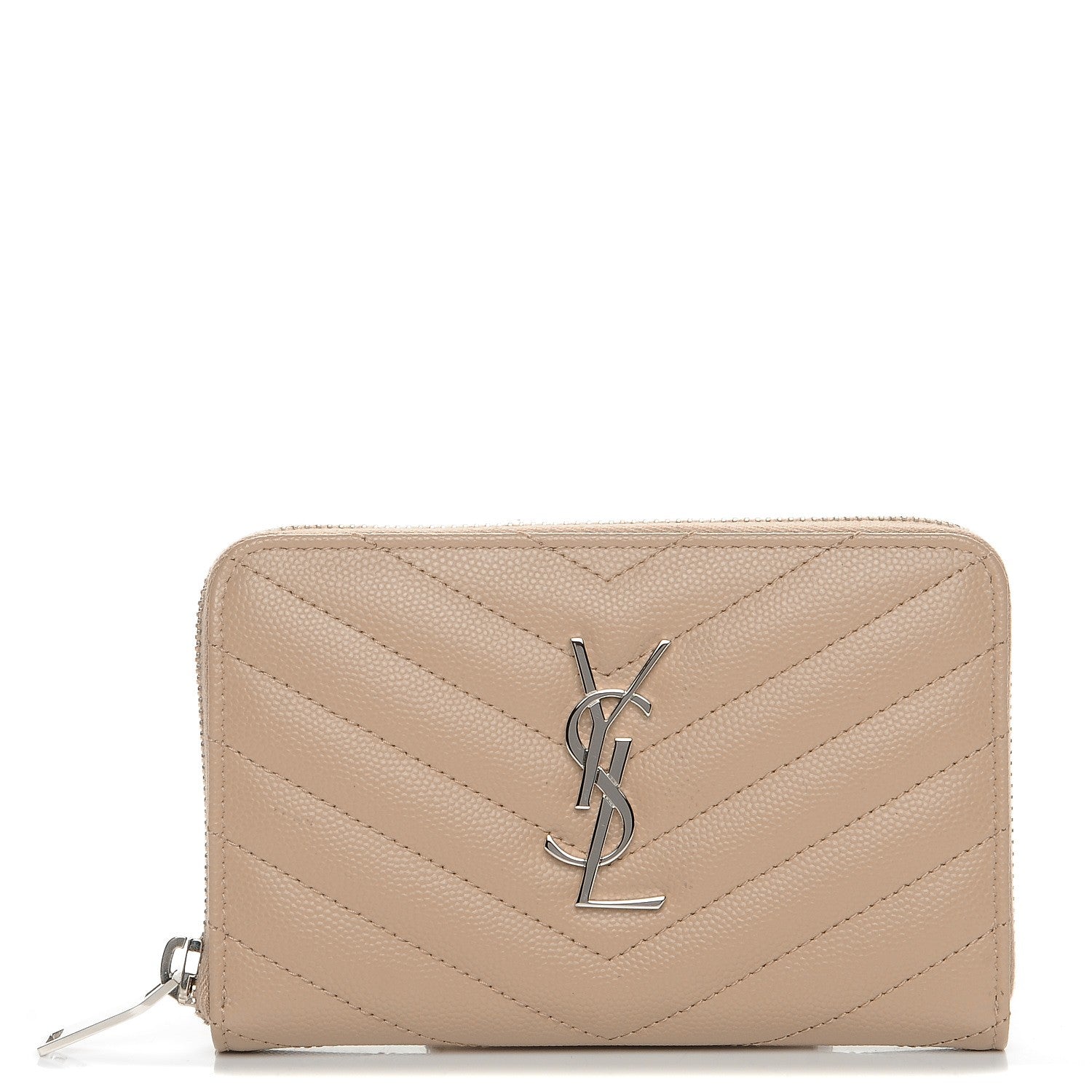 Saint Laurent Grain De Poudre Matelasse Chevron Monogram Zip Around Wallet Dark Beige 1 of 7