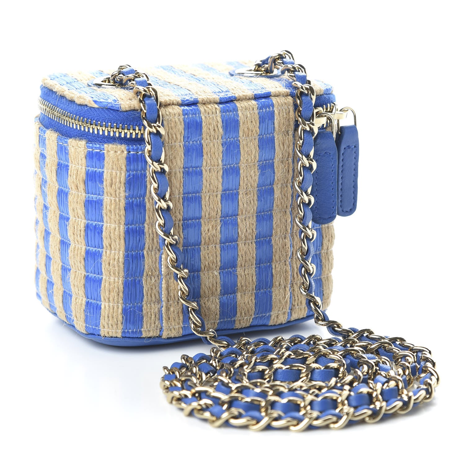 Chanel Raffia Jute Striped Mini Vanity Case With Chain Blue Beige