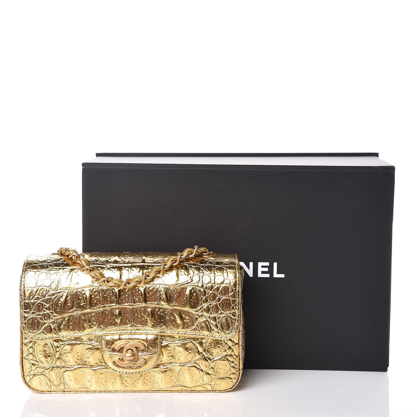Metallic Calfskin Crocodile Embossed Cocodile Rectangular Mini Flap Gold