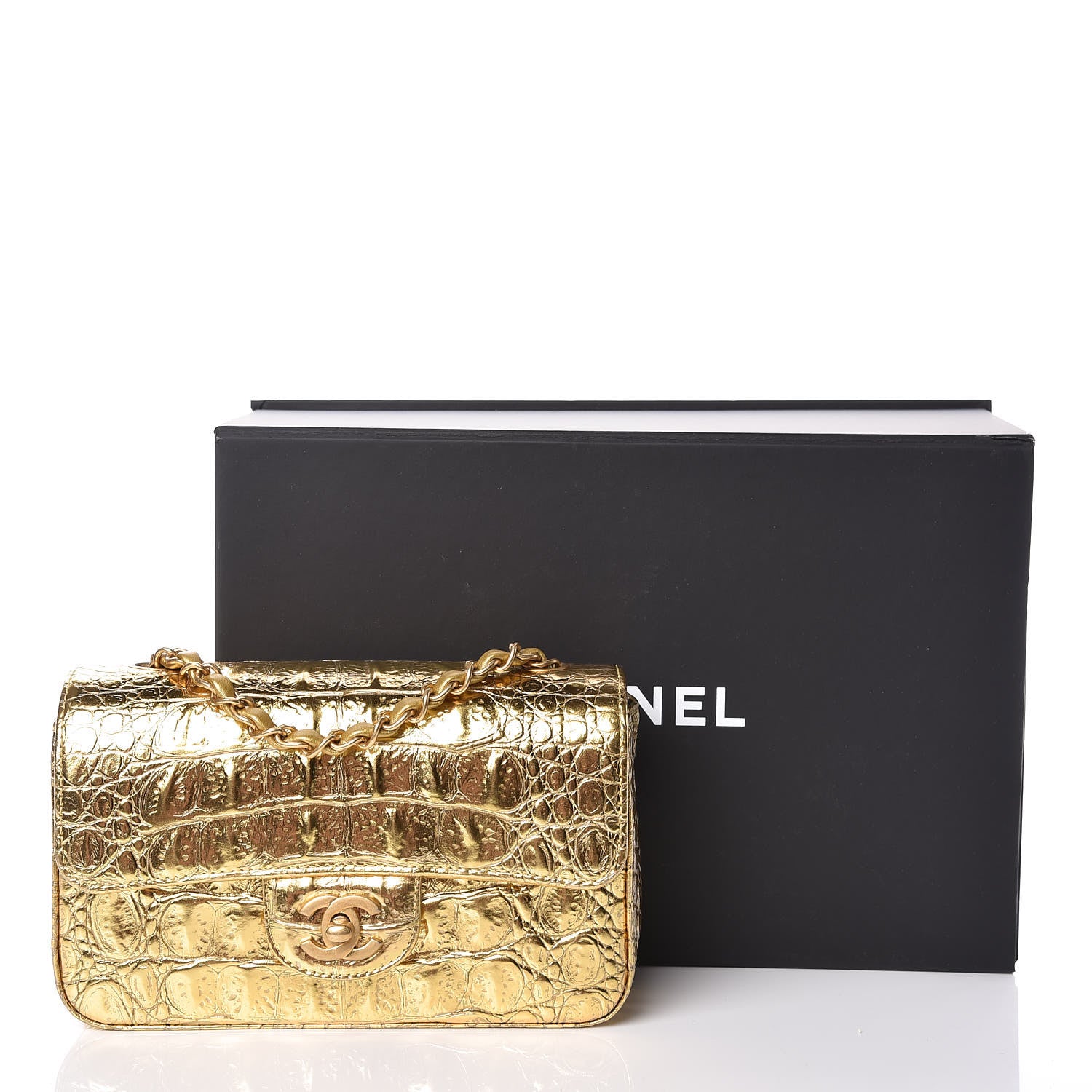Chanel Metallic Calfskin Crocodile Embossed Cocodile Rectangular Mini Flap Gold 10 of 10